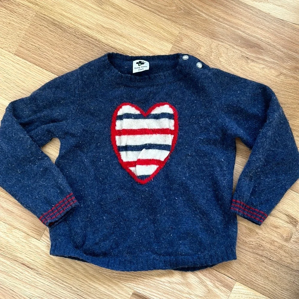 Busy Bees navy with striped heart Cashmere Sweater little girls size 4